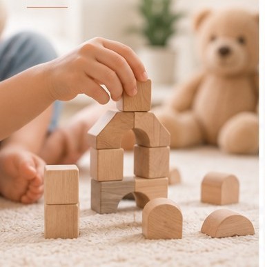 A child's hands building with wooden blocks beside a teddy bear