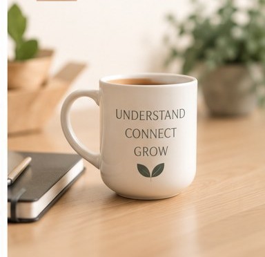A cup of tea beside a notebook and small plants on a wooden desk