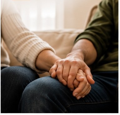 A couple sitting together holding hands, offering comfort to one another