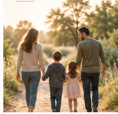 A family of four walking together down a sunlit path