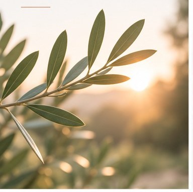 An olive branch backlit by a warm sunset, symbolizing gentle growth and connection