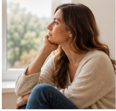 A woman sitting by a window in quiet reflection