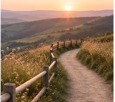 A path winding through hills toward a sunrise